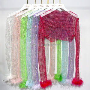 Camicia estiva da donna con diamanti glitterati a maniche lunghe da festa in spiaggia coprente con <span class=keywords><strong>piume</strong></span> in maglia <span class=keywords><strong>di</strong></span> strass tinta unita - Product Image 2