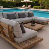 Ensemble de canapés d'extérieur de qualité commerciale en teck moderne de luxe, résistant aux intempéries, pour hôtel, jardin, terrasse