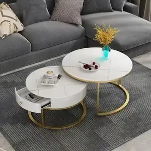 Gold Stainless Steel Round Marble Coffee Corner Table With Drawer / Mesa De Centro