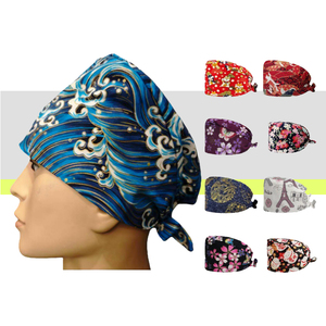 Gorros de Enfermera Listos para Enviar, Gorros de Spa y Salón de Belleza Unisex con Cinta para Atar, Gorros Quirúrgicos con Banda Absorbente, Estampado Dorado de Flores de Dibujos Animados - Product Image 1