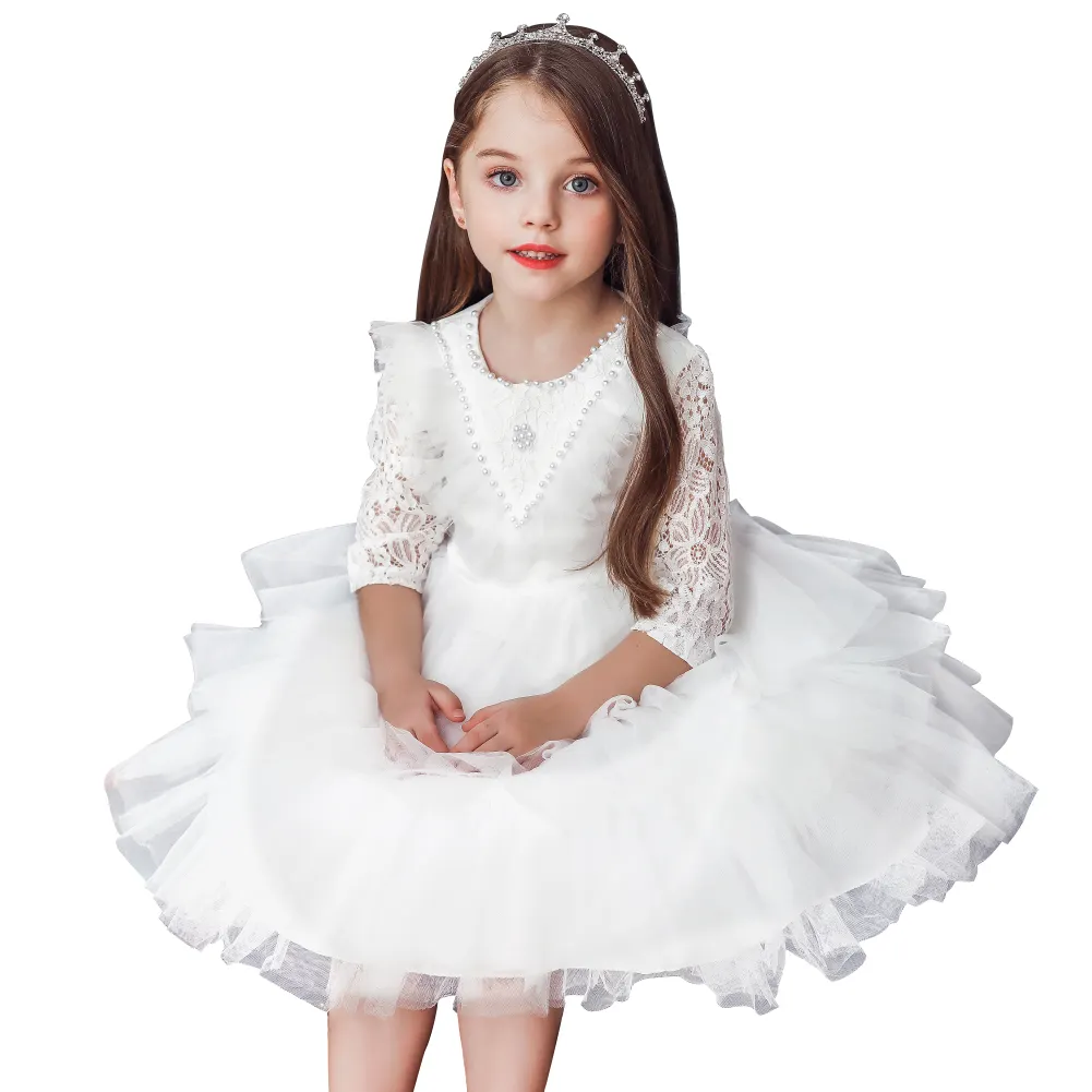 Crew neck temperament white girl wedding dress for kids short sleeve beaded fluffy baby girl dresses for party 0-6 years old