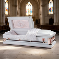 Cercueil métallique semi-couché blanc brillant - Broderie de roses roses et intérieur rose clair (pour adulte, vente en gros)