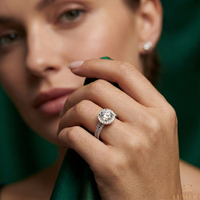 Bague de fiançailles de luxe avec halo de diamants taille ronde, double rangée pavée, solitaire, pour femme