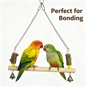 Jouet de perchoir balançoire pour perroquet en bois naturel avec bâtons de croûte d'arbre, perles colorées et clochettes métalliques rouges, jouet suspendu pour l'exercice et le jeu en cage à oiseaux - Product Image 3