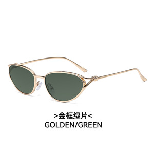 Lunettes de soleil œil de chat, monture dorée, verres verts, UV400, style rétro, unisexe, décontractées - Product Image 1