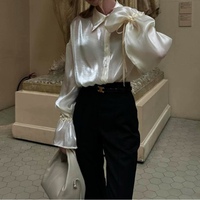 Premium Feeling Tie Satén Camisa de manga larga Cárdigan de mujer de un solo pecho Tops Moda