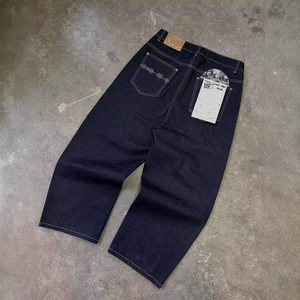 Jeans japonais sur mesure pour hommes <span class=keywords><strong>avec</strong></span> cristaux ou motif <span class=keywords><strong>croix</strong></span> bleue sur pantalon en denim brut - Product Image 4