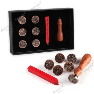 SINOART Customized Sealing Stamp Gift Box Package 6 Different Designs Retro Wood Handle Wax Seal stamp Set