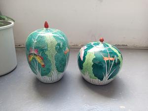 Pot en céramique émaillé peint à la main avec couvercle, motif <span class=keywords><strong>chou</strong></span> bok choy, H24cm D24cm 1300 ℃   Décoration de cuisine et rangement de style Chinoiserie rustique, cuite à haute température - Product Image 6