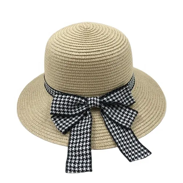 Fabbrica all'ingrosso Panama Summer Beach Fashion Lady Style Big Bowknot e cappello di paglia di carta di pizzo