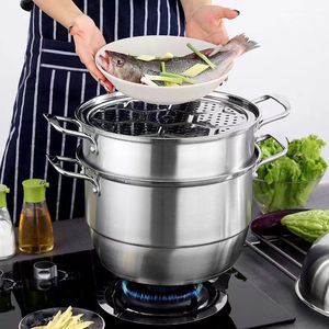 Vaporera de acero inoxidable de 3 niveles, gran capacidad, con base multicapa para cocinar en la cocina - Product Image 5