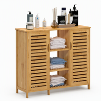 Meuble de salle de bain autoportant moderne en bambou avec portes, étagère de rangement multifonctionnelle à 3 niveaux pour salon - Vente en gros