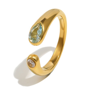 2026 High End Dual Pear Shaped Colored Zircon Set Stainless Steel 18K Gold Plated <b>Adjustable</b> Open Cuff Stackable Finger <b>Ring</b> - Product Image 2
