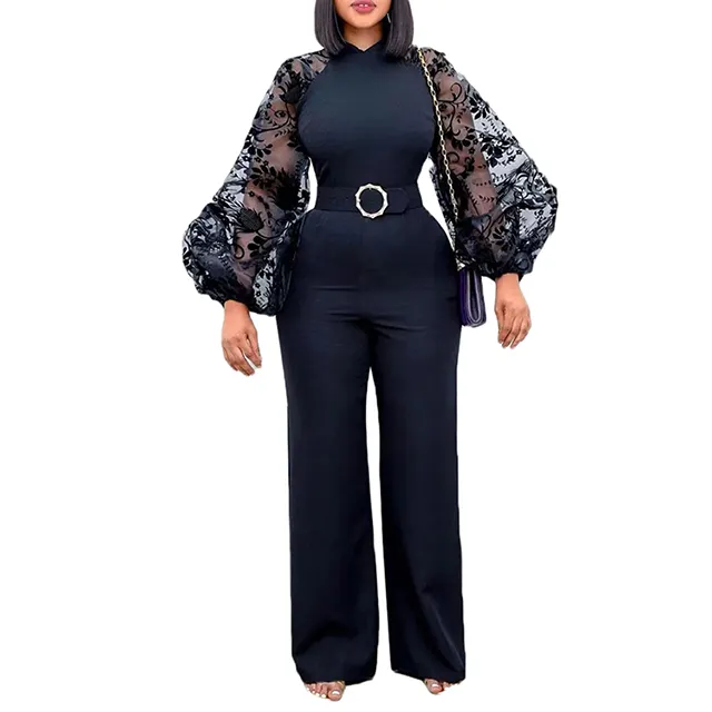 2023 Stand Collar Net Gauze Lantern Sleeve Slim Sexy Women's African Wide Leg Cami Jumpsuit Over Size Women Summer Clothes