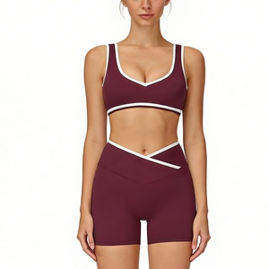 Completo Sportivo <span class=keywords><strong>da</strong></span> <span class=keywords><strong>Donna</strong></span> a Vita Alta 2 Pezzi, Pantaloncini Color Block Senza Schienale Aderenti Effetto Nudo, Abbigliamento Fitness <span class=keywords><strong>e</strong></span> Corsa Sehe Fashion - Product Image 1