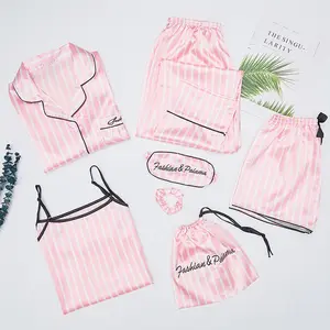 Custom 7 Pcs Sets Satijn Zijde Nachtjapon Elegante Vrouwen Pyjama Print Shorts Lange Mouw Nachtkleding Zijde Past Sex Jurken Nighty