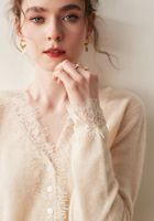 Cardigan en cachemire personnalisé, col en V, boutons en dentelle, cardigan en laine pour femme, printemps
