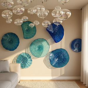 Modern Interior Living Room Handmade Glass Wall Crafts Blue Colored Flower Murano Glass Wall Plates