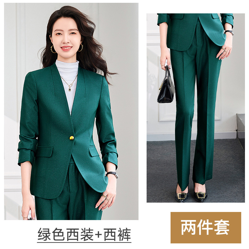 Green long-sleeved shirt and suit pants