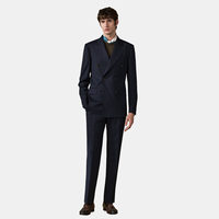 Jas Pria MTM OEM Custom Navy Stretch Wool Blend Double Breasted Low Gorge Peak Lapel
