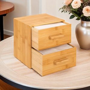 Bamboo Double <b>Drawer</b> <b>Storage</b> Box Large Desktop Organizer With Anti Slip Mats For Tissue And Jewelry - Product Image 4