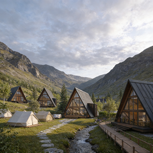 Maison <span class=keywords><strong>de</strong></span> campagne démontable <span class=keywords><strong>de</strong></span> style A-frame, modulaire, résistante aux intempéries, pour les stations balnéaires ou <span class=keywords><strong>la</strong></span> location vacanție, solutions <span class=keywords><strong>de</strong></span> projet et communication - Product Image 1