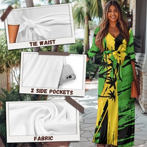Jamaica Flag Jamaican Design Women's Floral Print Maxi Dresses Summer Casual <strong>3</strong> 4 Sleeve V-Neck Wrap Tie Waist Long Dress S-5XL - Product Image 5