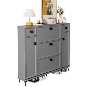 Mueble Moderno de Madera para Almacenamiento de Zapatos, Estrecho y Delgado, <span class=keywords><strong>con</strong></span> Estantes Ajustables, Organizador de Zapatos <span class=keywords><strong>con</strong></span> 3 <span class=keywords><strong>Cajones</strong></span> Abatibles y 4 Puertas - Product Image 1