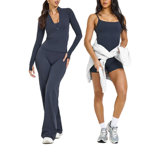 Women 2 Piece Yoga Set Solid Color Full Length Pants Zipper Front Top <b>Spaghetti</b> Strap Tank High Waist Breathable Active Wear - Product Image 1