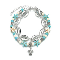 Bracelet de cheville en coquillage perlé à double couche pour femme Bijoux de cheville Vintage Shell Beads Turtle Starfish