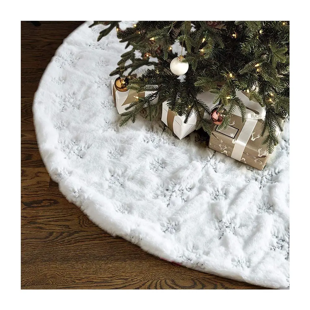 Xmas ornaments 48 inches large white luxury Christmas tree skirt plush faux fur thick plush tree skirt