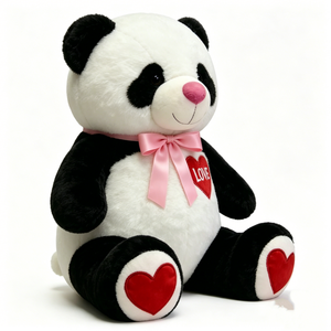 Customized Cute Valentine Panda Plush Toy - Soft Fluffy Black & White Stuffed Animal with <b>Pink</b> Satin Bow, Red Heart Accents - Product Image 2