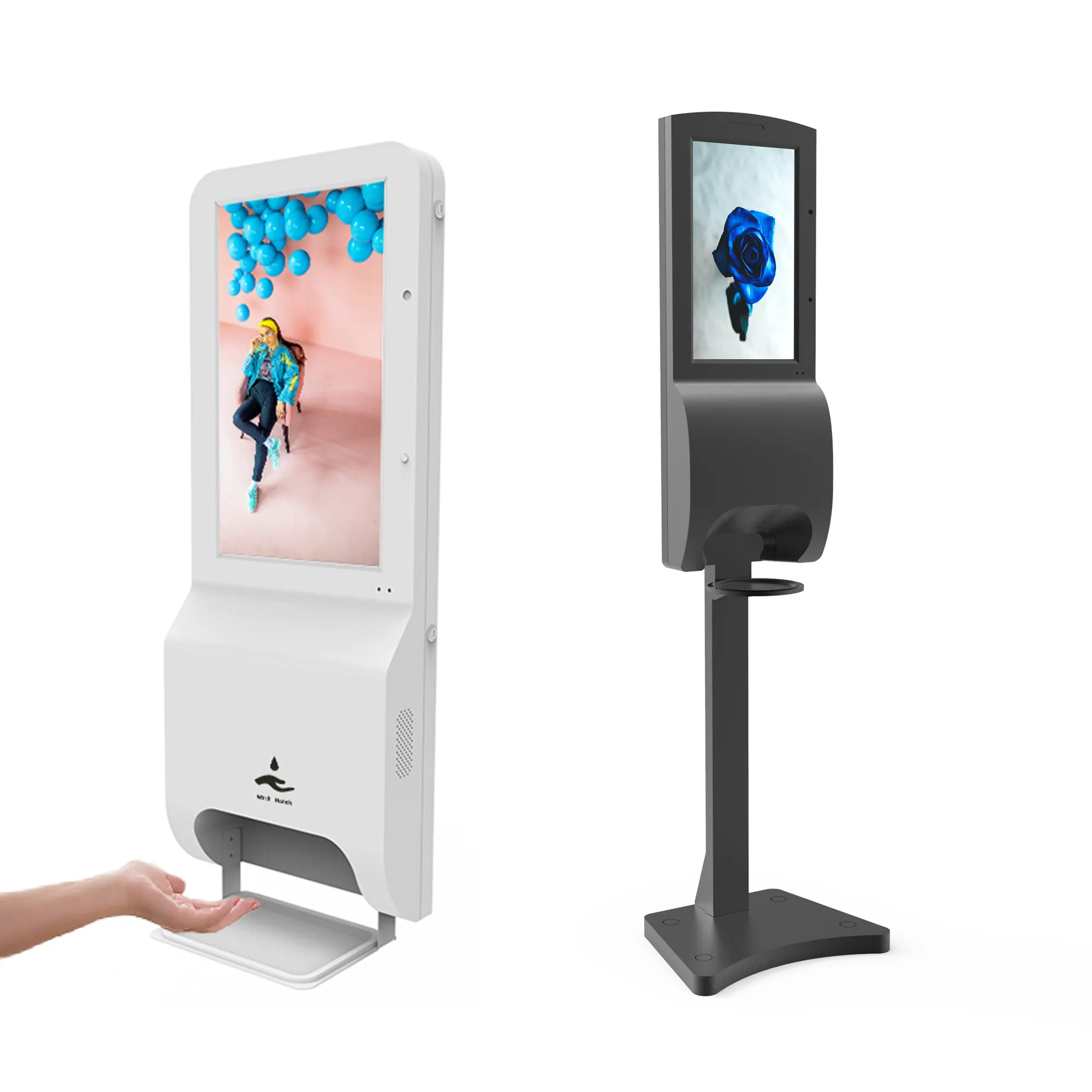 Layar LCD hd berdiri iklan kios pemutar media android digital sigage dengan pembersih tangan dispenser
