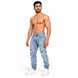 <b>Men</b> High Quality Ripped Distressed Denim <b>Jeans</b> Straight <b>Fit</b> Casual Light Blue Cotton Breathable Summer Style denim Pants - Product Image 1