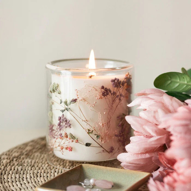 Romantic Atmosphere Dried Flower Double Layer Glass Aromatherapy Candle, Fresh and Long-lasting Floral Scent, Bedroom Perfume
