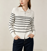 Veste en tricot zippée à rayures décontractée pour femmes, cardigan en tricot côtelé à manches longues et coupe ajustée