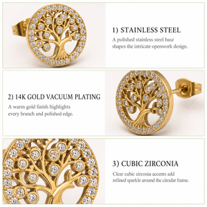 ต่างหูรูปต้นไม้แห่งชีวิต สแตนเลสประดับเพชรคิวบิกเซอร์โคเนีย ชุบทอง 14K แบบสุญญากาศ ดีไซน์ทรงกลม 9 มม. สีทองและสีเงิน - Product Image 3