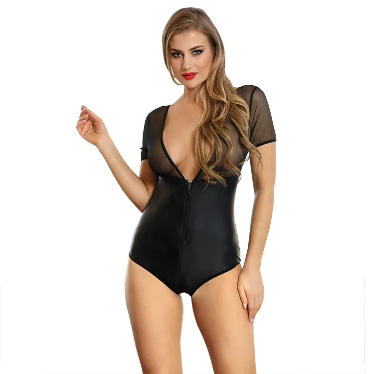 Lust Zwart Faux Clubkleding Holle Mesh Vinyl Fetisj Bodysuit Rits Ontwerp Sexy Harnas Vrouwelijke Lederen Lingerie Fetisj