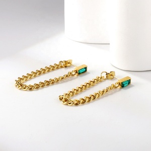 Pendientes de Cadena Cubana con Circonita Verde Cuadrada y Diamantes de Imitación, Chapados en Oro de 18k, de Acero Inoxidable, para Mujer, Venta al por Mayor - Product Image 6