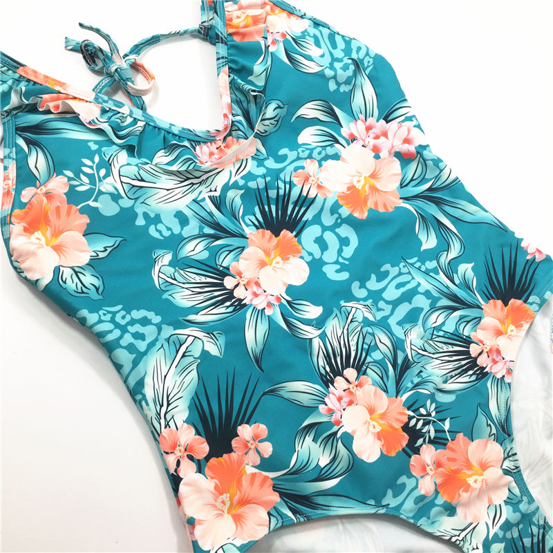 2021 Sexy plant printed one-piece swimsuit backless swimsuit beach wear hot sale swimwear V-neck