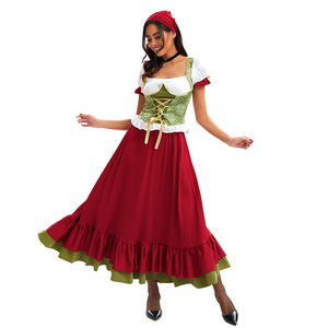Women's Oktoberfest Costume Set <b>Red</b> Green Dirndl Dress With Headpiece Adult Performance Wear - Product Image 2