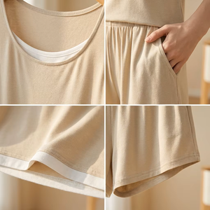 Completo da <span class=keywords><strong>donna</strong></span> in cotone e modal: canotta e pantaloncini traspiranti, senza maniche, due pezzi, estivo, leggero, sportivo, multicolore, per il tempo libero - Product Image 5