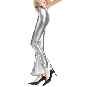 Pantaloni da discoteca Hippie da <span class=keywords><strong>donna</strong></span> S-XXL retrò anni '70 svasati lucidi Laser metallizzato con volant pantaloni larghi elastici in vita - Product Image 2