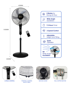 Ventilateur sur pied électrique en plastique certifié CB CE, 16 pouces, noir, moderne, avec télécommande, hauteur réglable, pour usage domestique et extérieur - Product Image 6