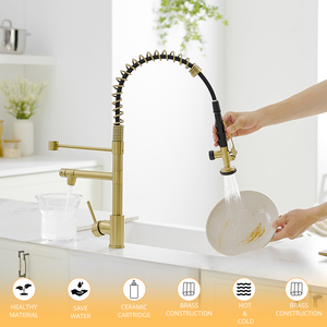 FLG in oro spazzolato rubinetto da cucina a manico singolo rubinetto a molla <span class=keywords><strong>con</strong></span> Pull Down spruzzatore acqua miscelatore scrivania montato in ottone OEM moderno - Product Image 5