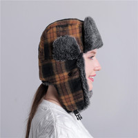 FF4708 Plaid Fuzzy Fluffy Ski Hunting Cap Earflap Trooper Sombrero de invierno Forrado de felpa Ruso Ushanka Faux Fur Trapper Hat