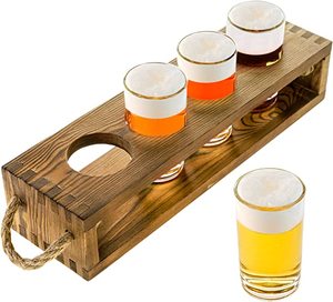 Juego de Bandejas para <span class=keywords><strong>Cerveza</strong></span> de Madera Maciza Rústica Marrón Oscuro Quemada con 4 Vasos, Portavasos para Vino - Product Image 1
