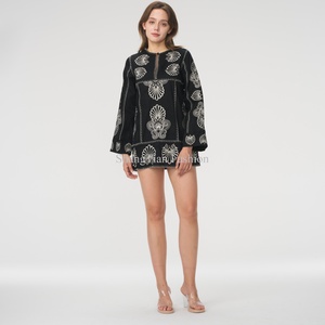 Nuevo Diseño, Vestido de Verano de Alta Calidad para Mujer, Sexy, de Manga Larga, Cintura Ajustada, Bordado, Mini Vestido de Lino - Product Image 1