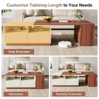 Table basse extensible rectangulaire en bois au design personnalisé avec dessus de table réversible 2 tiroirs et étagères de rangement