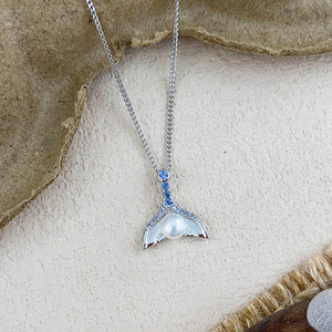 Collier avec pendentif queue de poisson en argent Sterling 925, perle naturelle, zircone cubique, chaîne de clavicule haut de gamme, bijoux pour femmes - Product Image 2